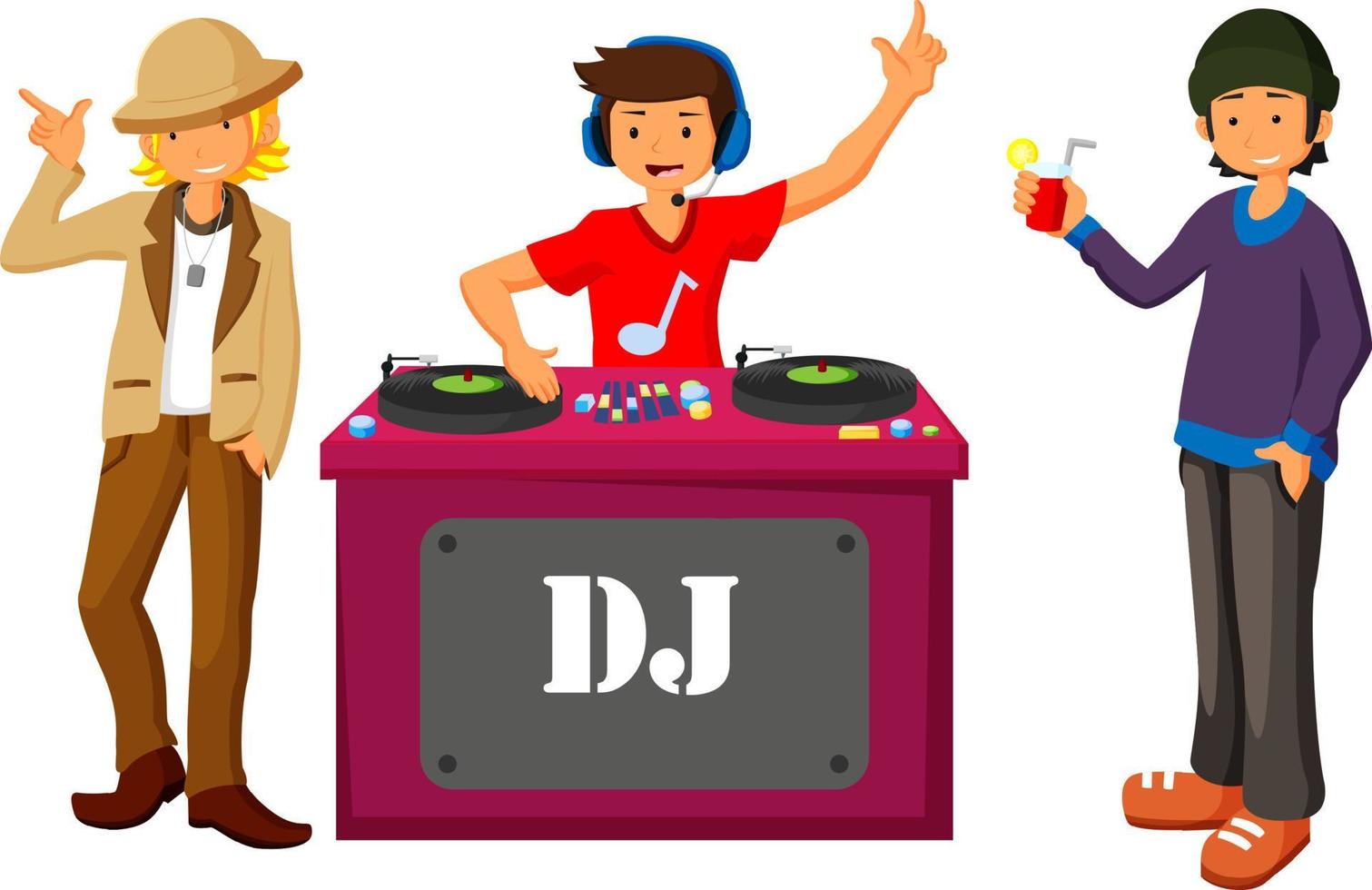 Young DJ mixing music on turntables on the stage of nightclub flat design vector