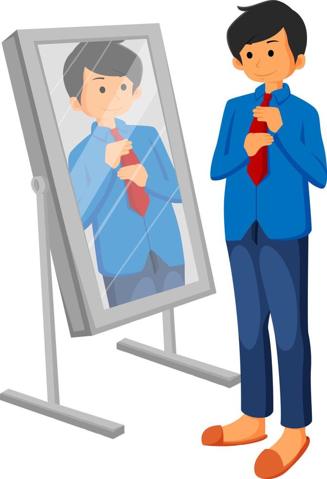 Caucasian business man adjusting tie in front of the mirror vector