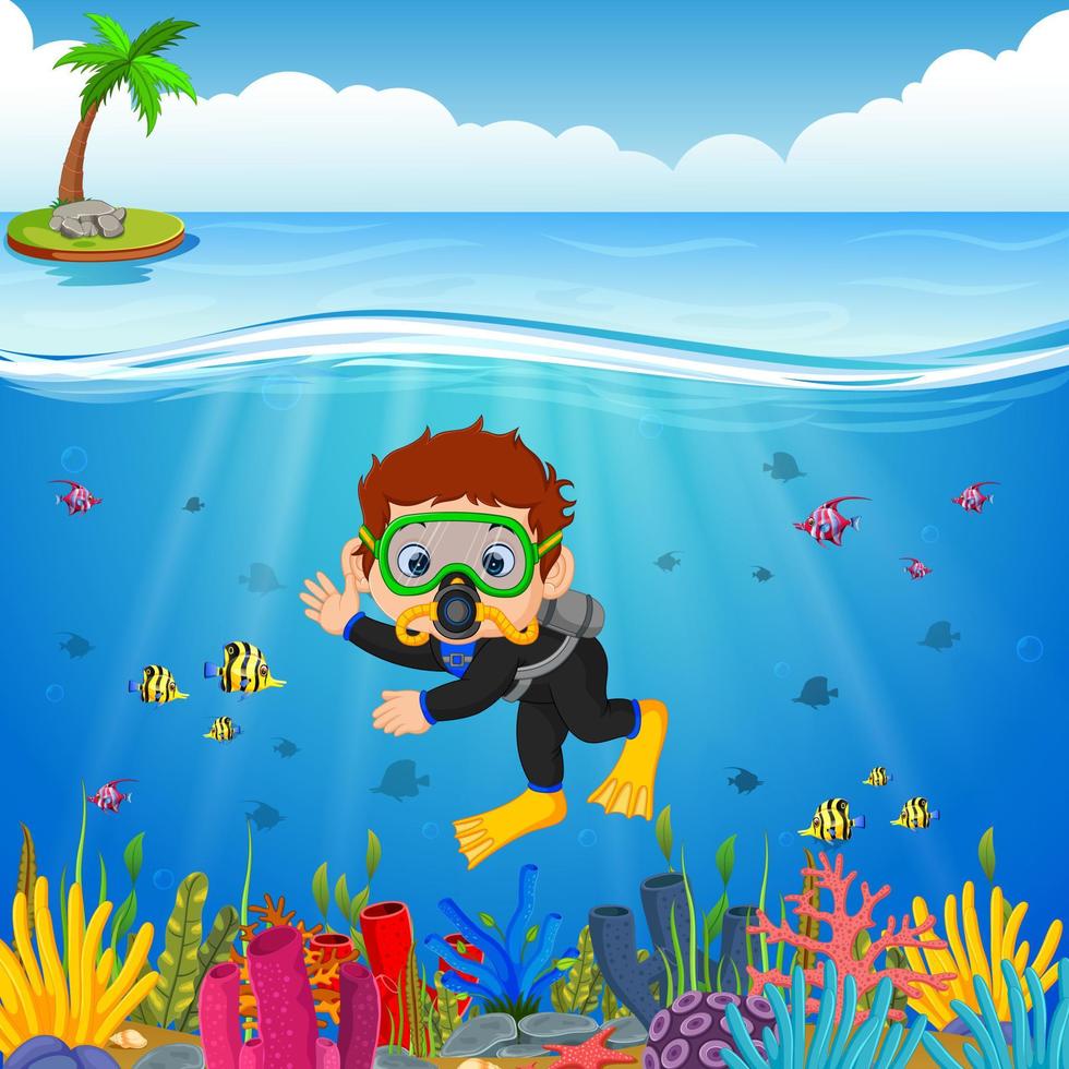 Cartoon boy diving in the sea vector