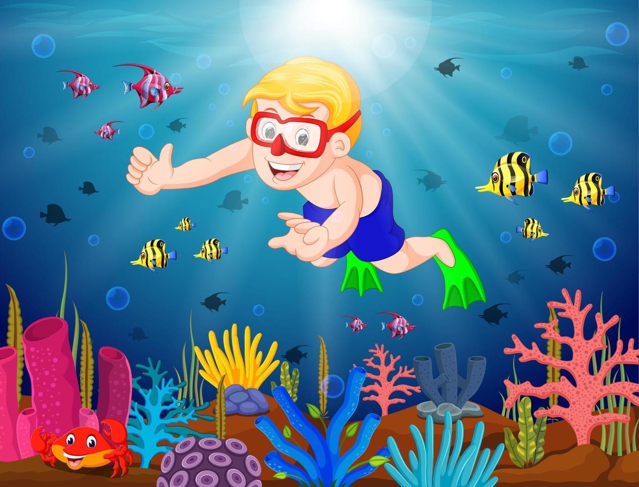 Cartoon boy diving in the sea vector