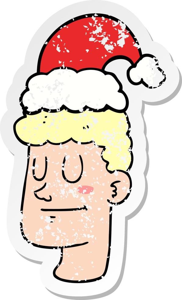 distressed sticker of a cartoon man wearing christmas hat vector