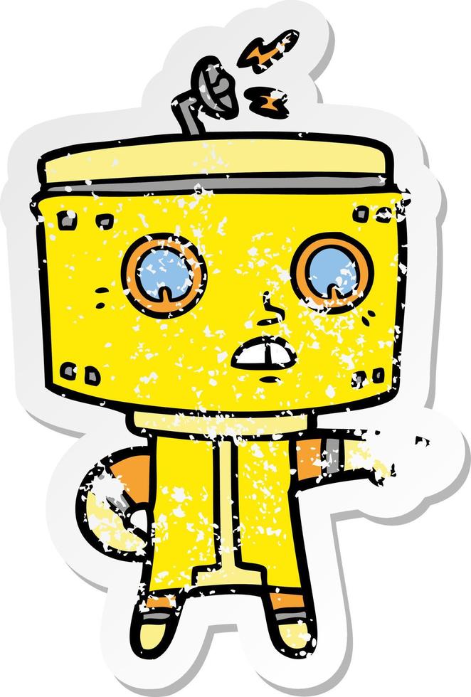 distressed sticker of a cartoon robot accusing vector