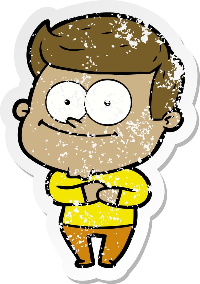 distressed sticker of a cartoon happy man vector