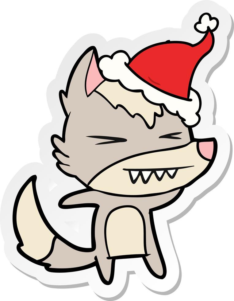 angry wolf sticker cartoon of a wearing santa hat vector