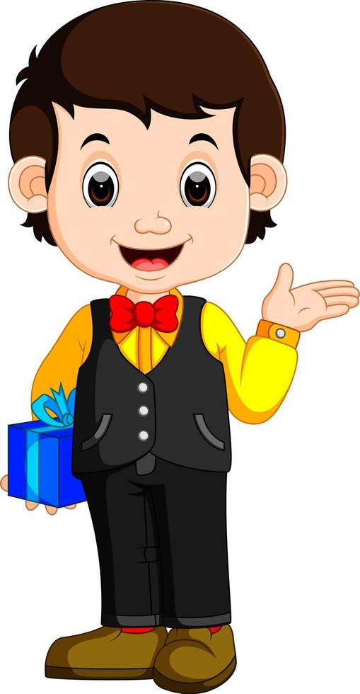 happy and well dressed boy holding a gift box vector