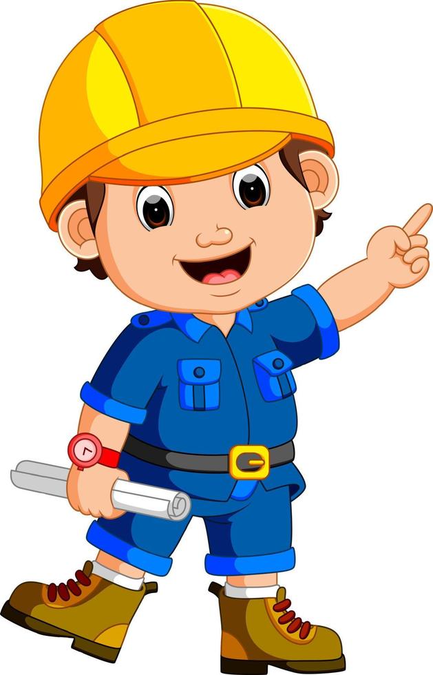 Cute architect wearing helmet and holding a blueprint vector