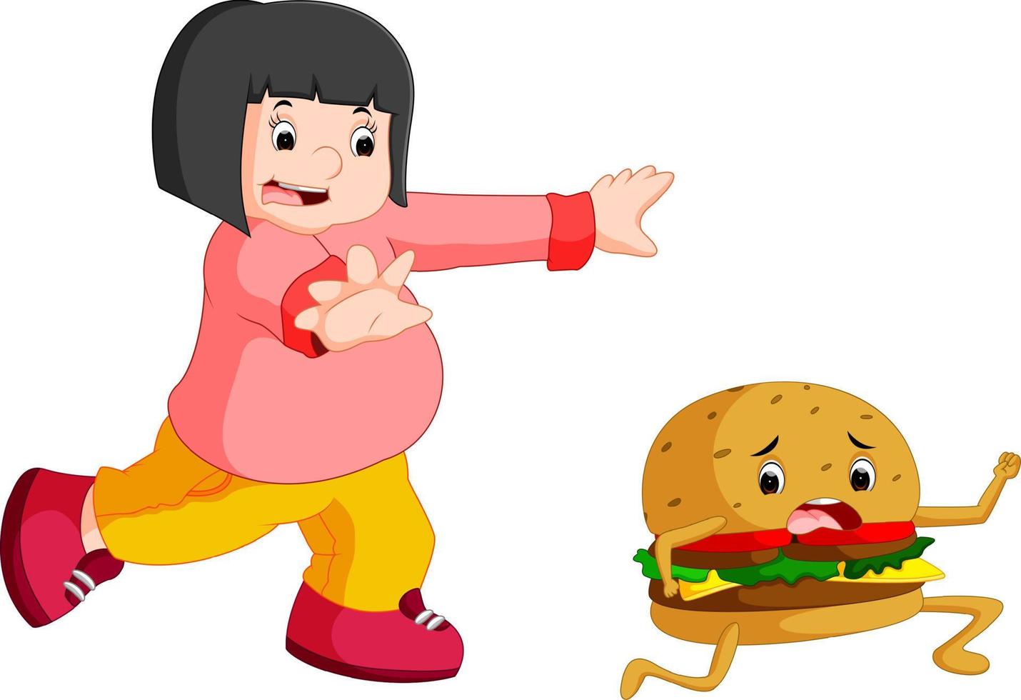 Overweight Woman chasing hamburger cartoon vector