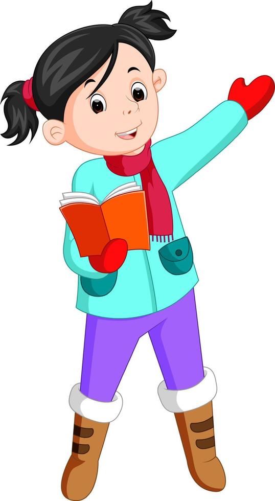 niña feliz leyendo un libro usando ropa de invierno con pasión vector