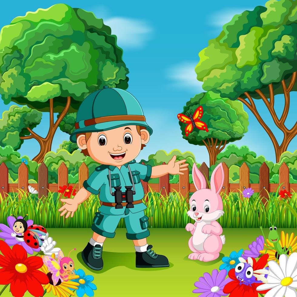 adventure cute boy with rabbit in a flower garden vector