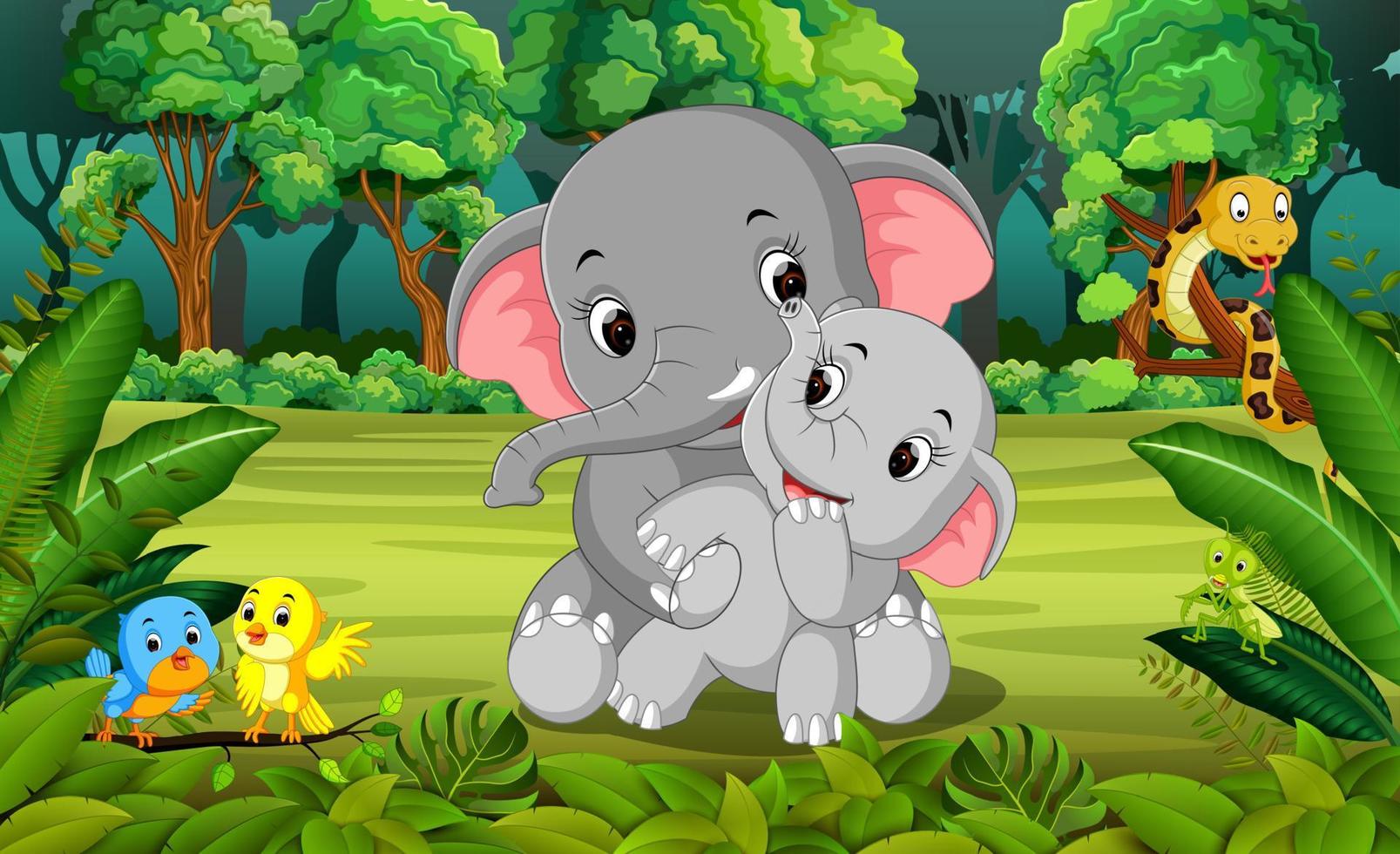 Elephant and baby elephant in the forest vector