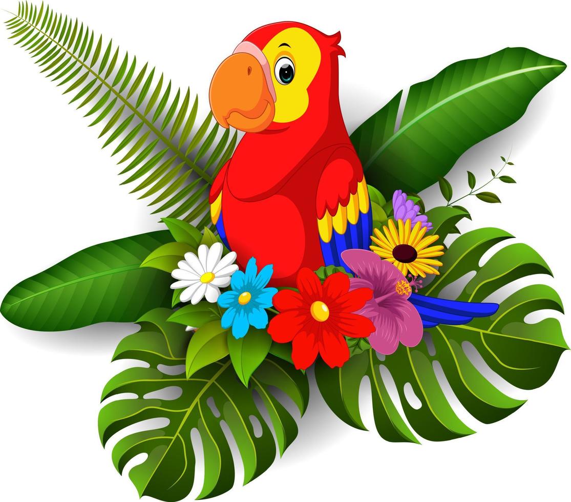 Cartoon parrot with tropical flower and leave background vector