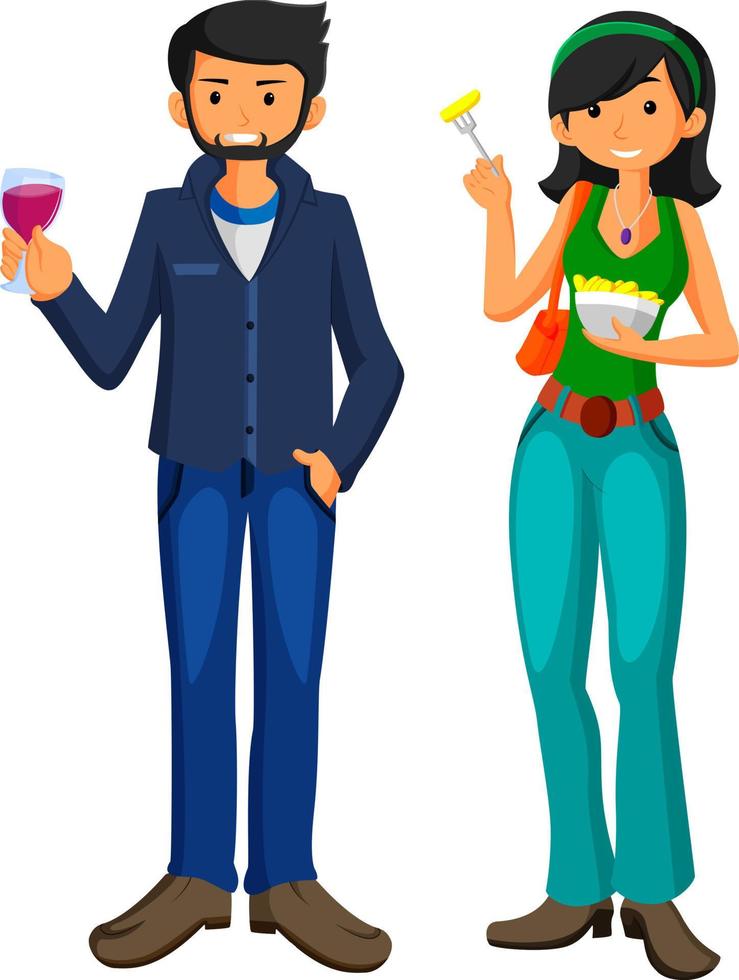 young man and girl eat fast food in flat design vector