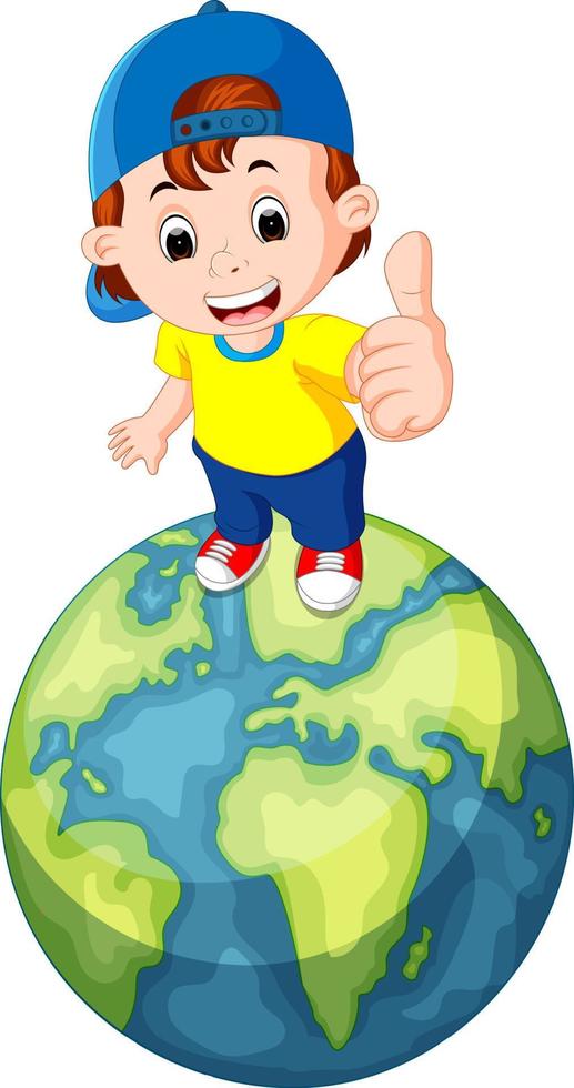 cute boy standing on the world and giving you thumbs up vector
