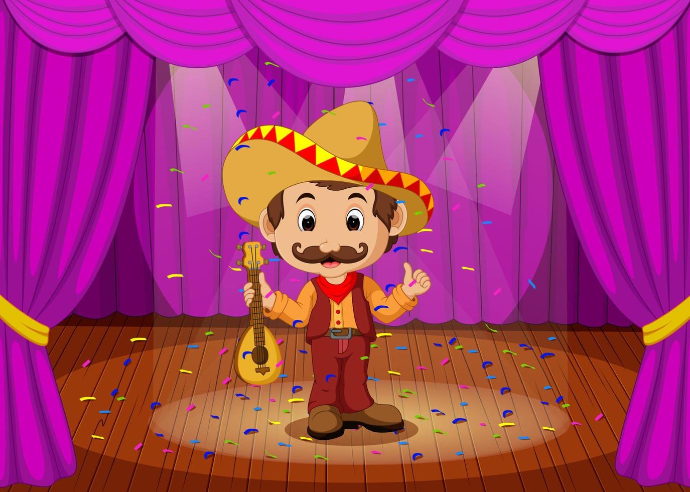 hombre mexicano con sombrero y guitarra en el escenario vector