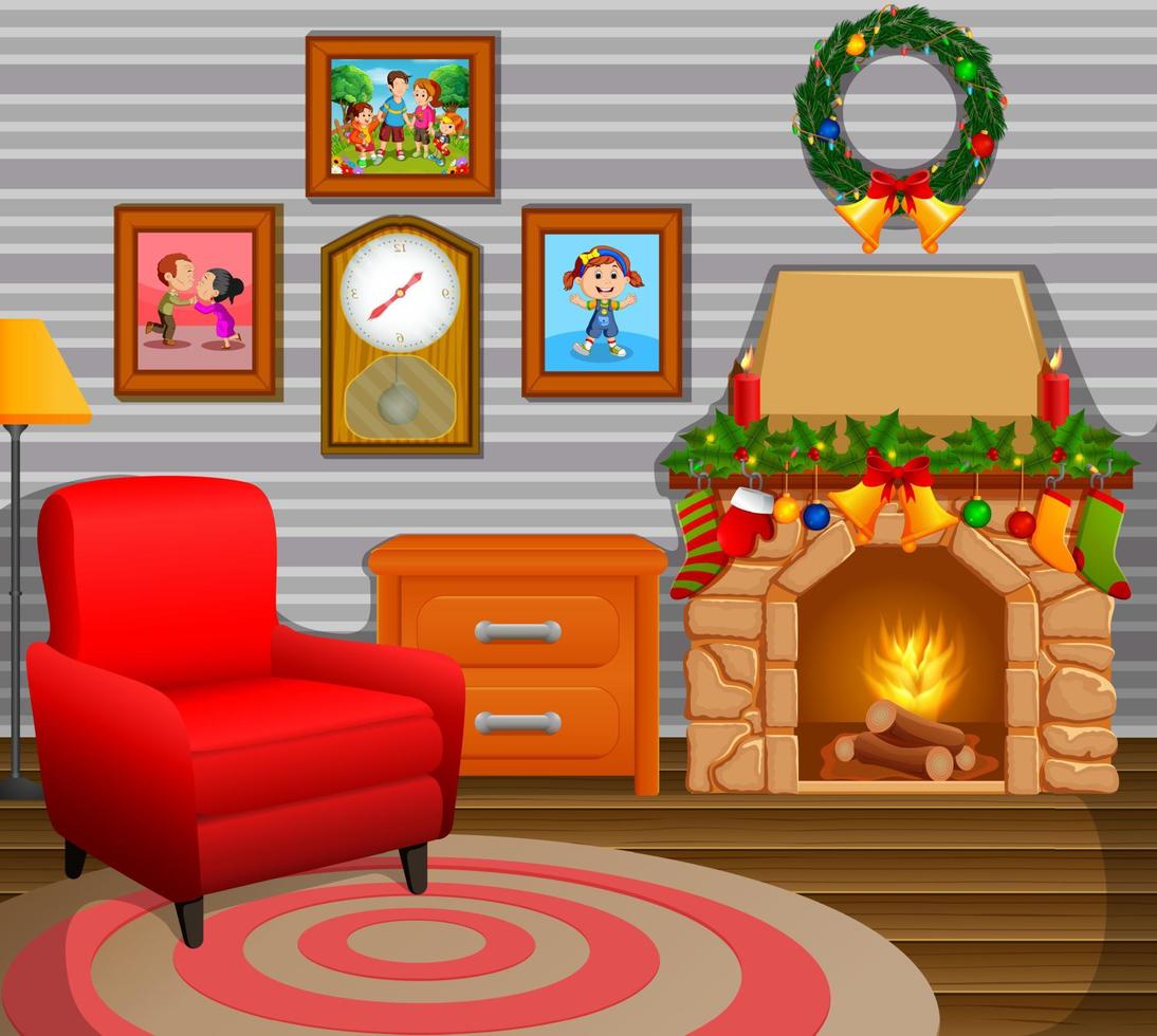 salón navideño con árbol y chimenea vector