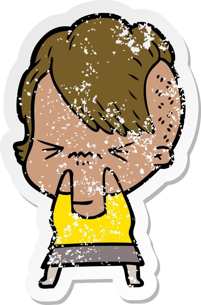 distressed sticker of a cartoon annoyed hipster girl vector