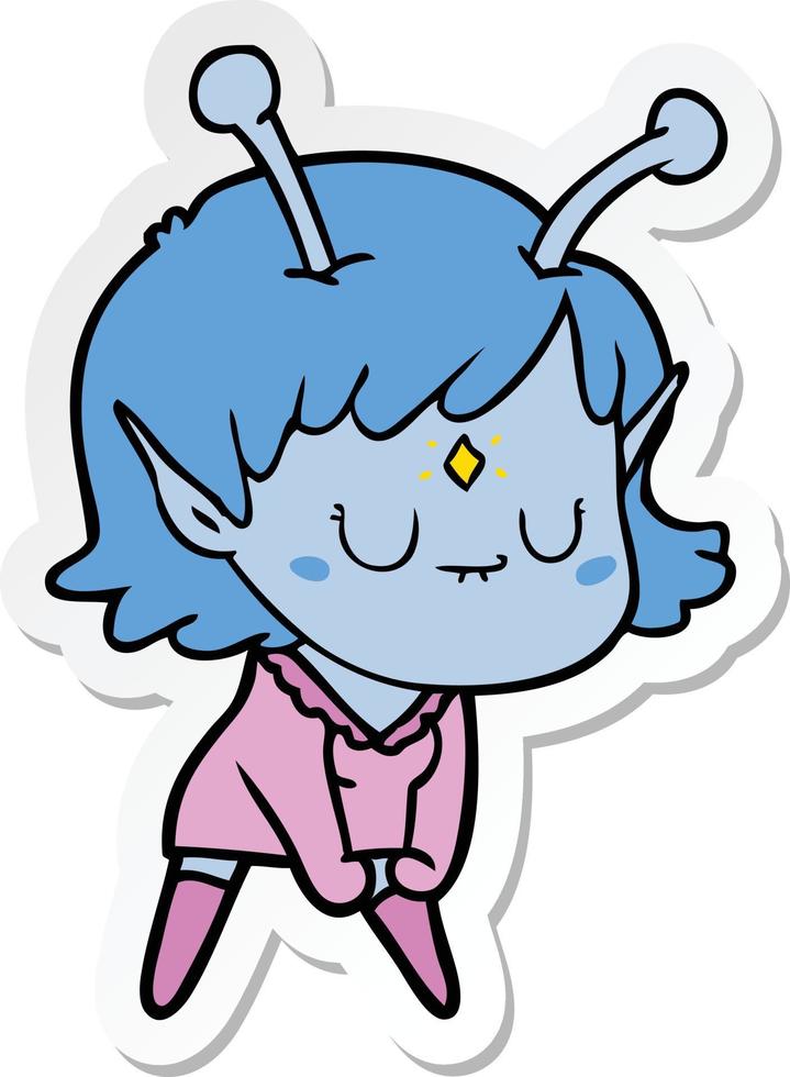 sticker of a cartoon alien girl doing muscle pose vector