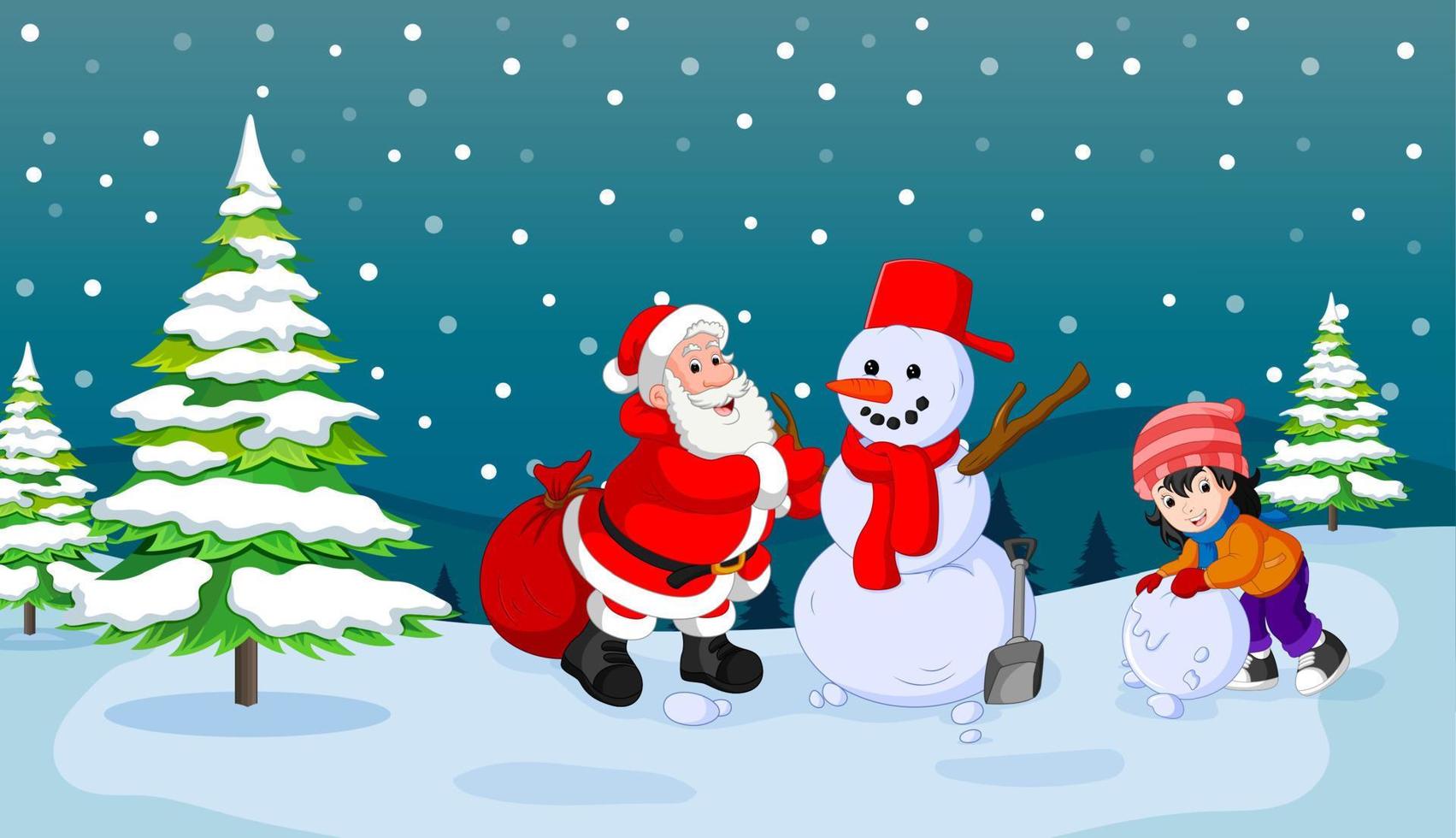 Santa Claus with snowman and kid playing snow vector