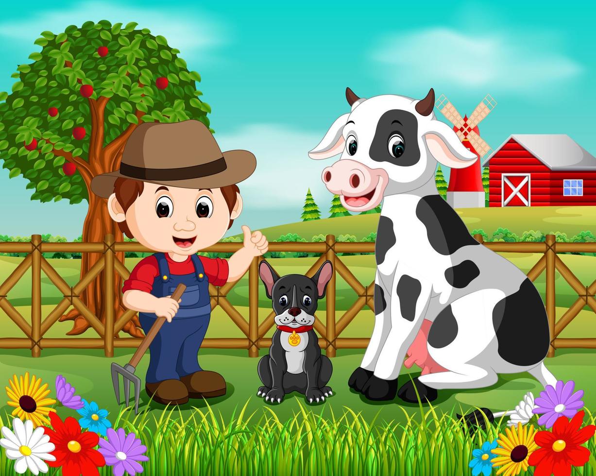 Farm scenes with many animals and farmers vector