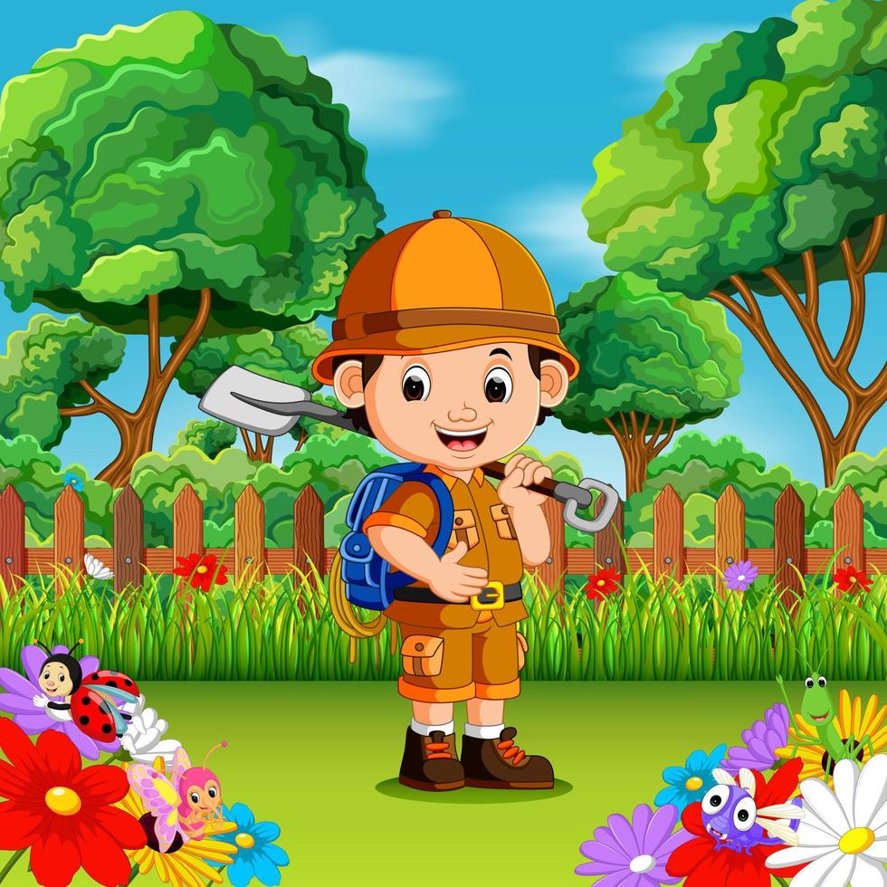 adventure cute boy holding shovel in a flower garden vector