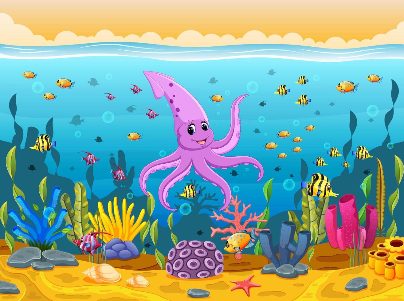 cute squid under the sea vector