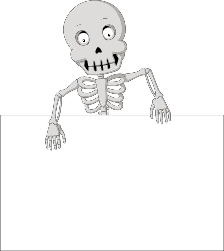 Cartoon funny human skeleton with blank sign vector