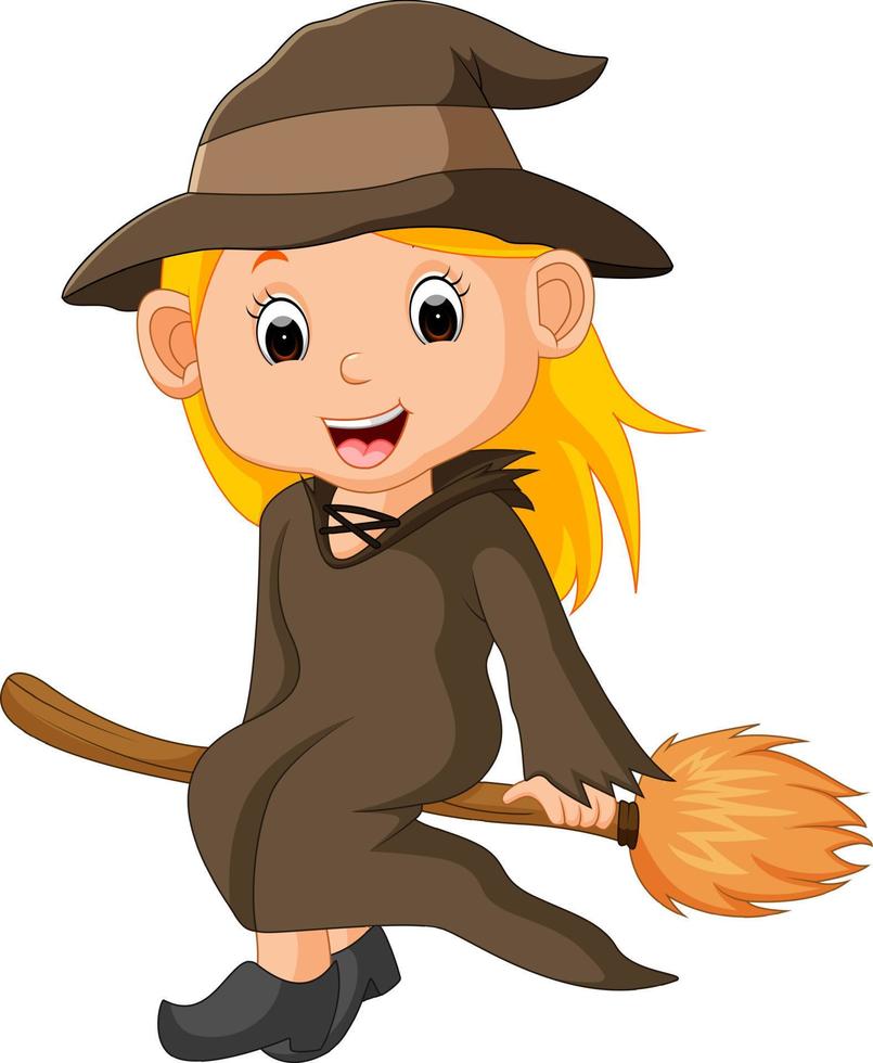 Cartoon little witch flying use a broomstick vector