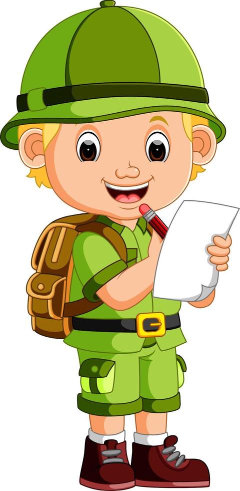 cute hiker boy holding paper vector