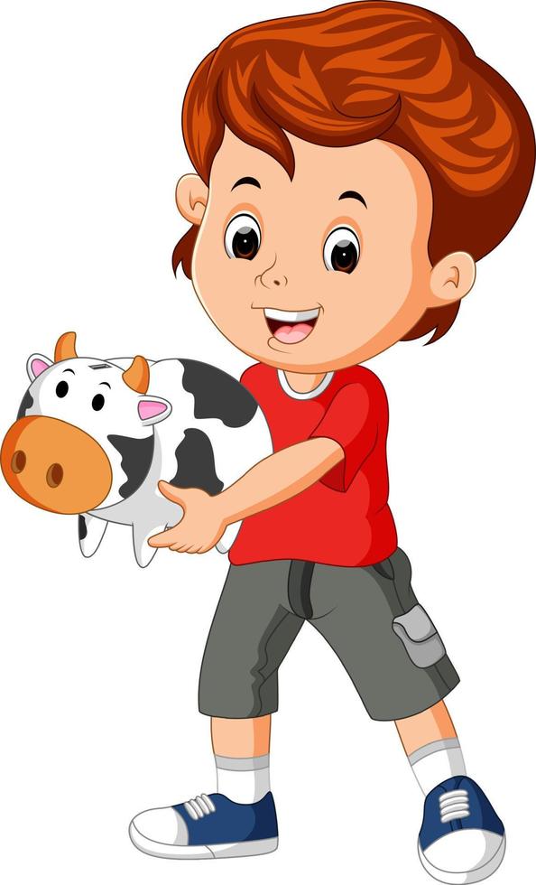 little boy holding cow bank vector