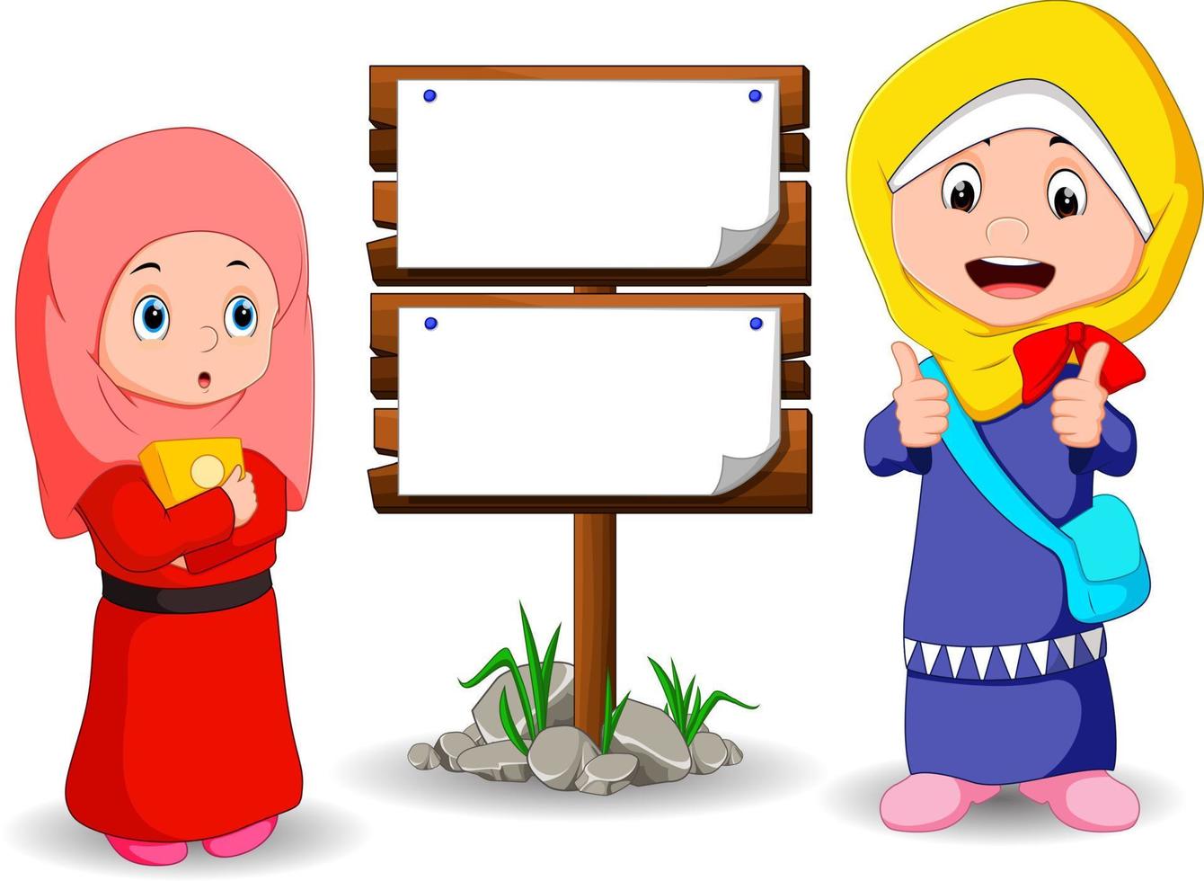 Muslim kids cartoon with wooden sign vector