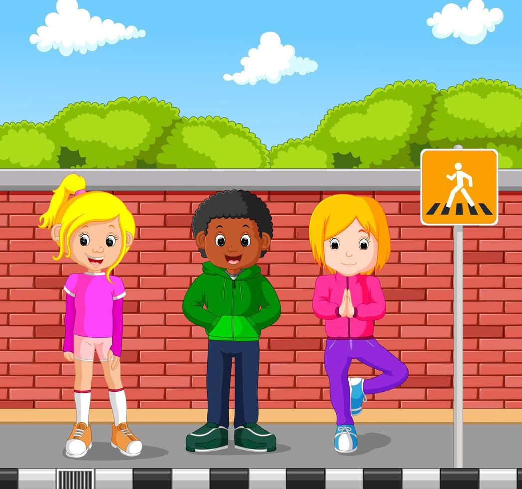 kids walking on the pedestrian vector