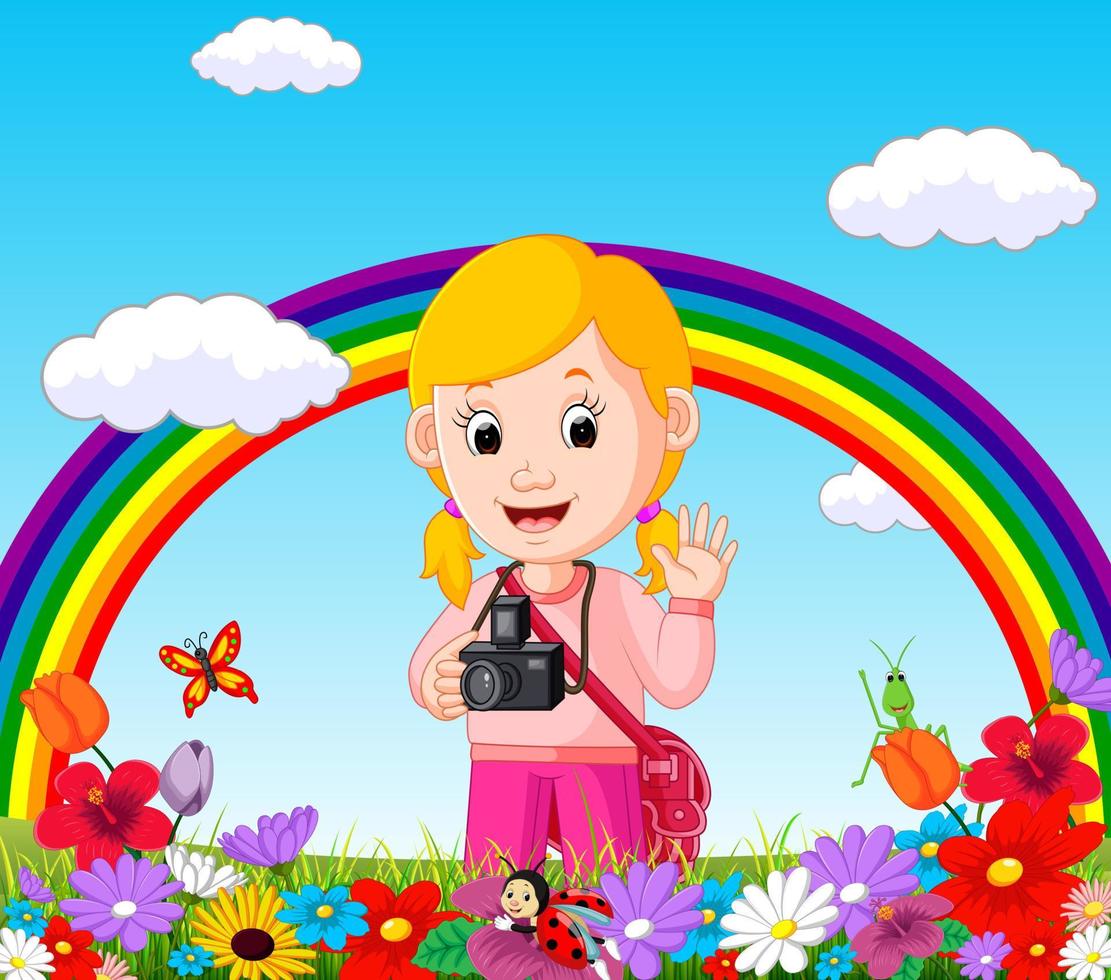 linda chica en un jardín de flores con arco iris vector