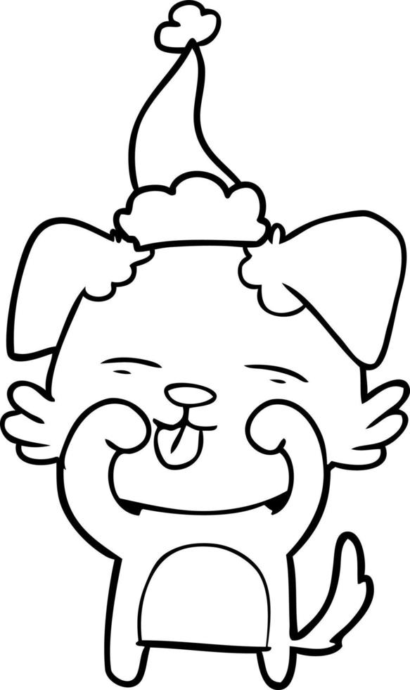 line drawing of a dog rubbing eyes wearing santa hat vector