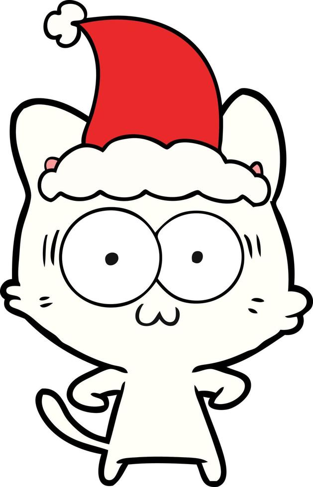 line drawing of a surprised cat wearing santa hat vector