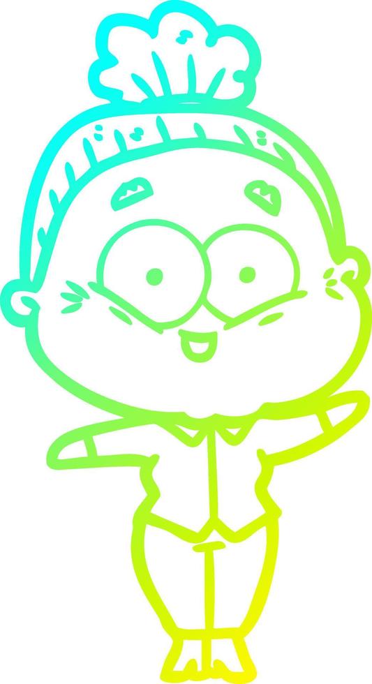 cold gradient line drawing cartoon happy old woman vector