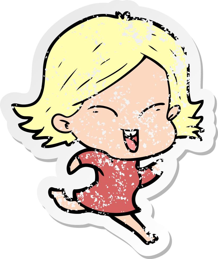 distressed sticker of a happy cartoon girl vector