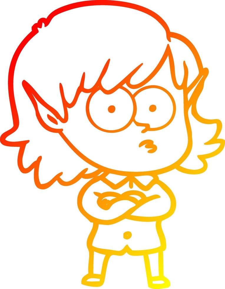 warm gradient line drawing cartoon elf girl staring vector