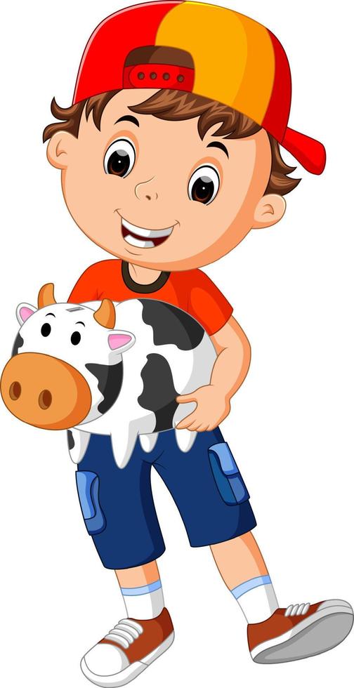 little boy holding cow bank vector