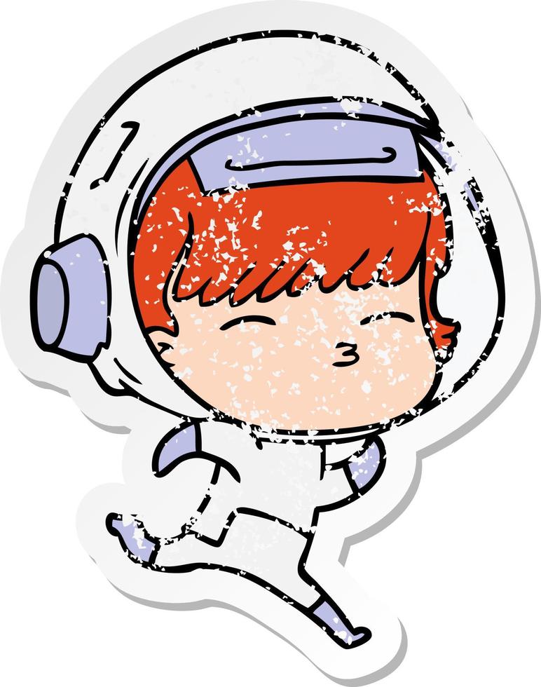 distressed sticker of a cartoon running astronaut vector