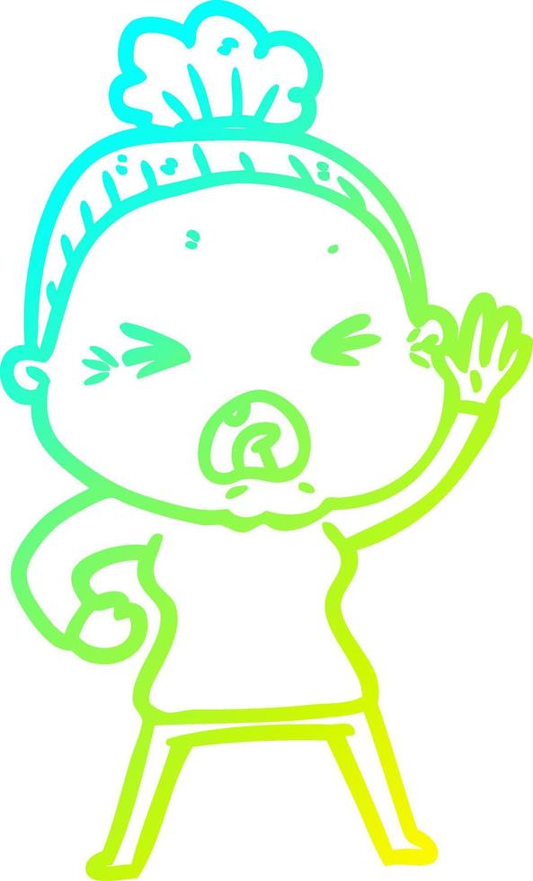 cold gradient line drawing cartoon angry old woman vector