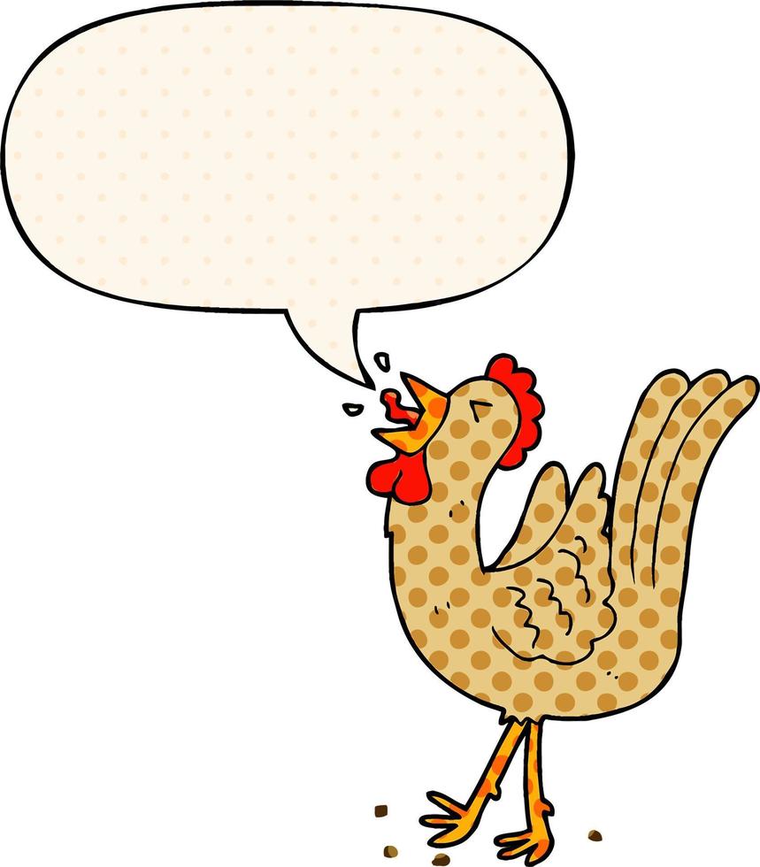 cartoon crowing cockerel and speech bubble in comic book style vector