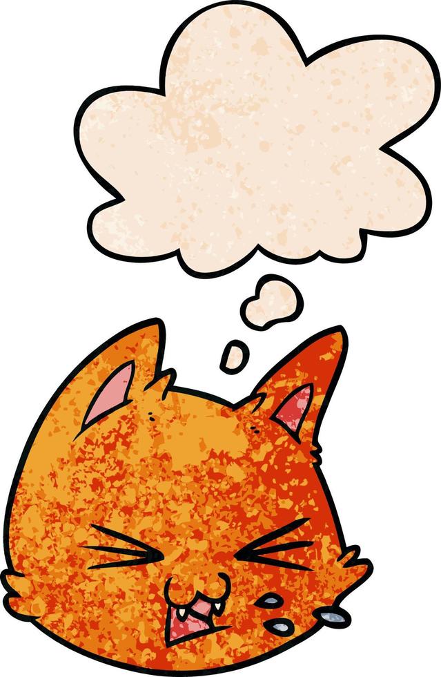 spitting cartoon cat face and thought bubble in grunge texture pattern style vector