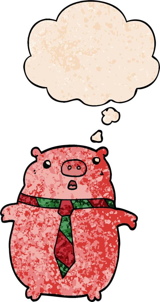 cartoon pig wearing office tie and thought bubble in grunge texture pattern style vector