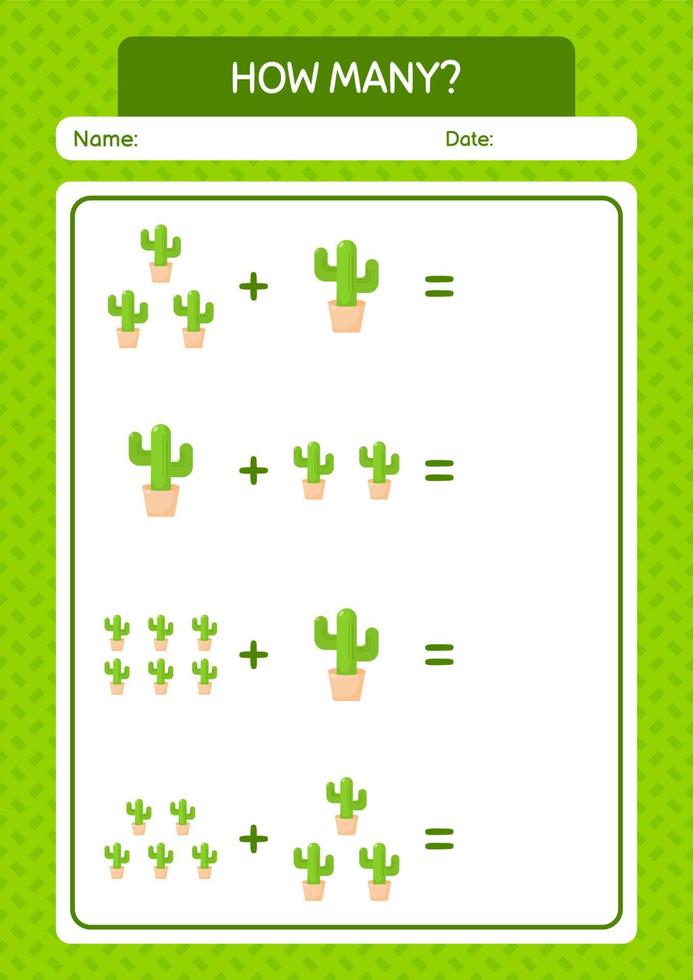 How many counting game with cactus. worksheet for preschool kids, kids activity sheet vector