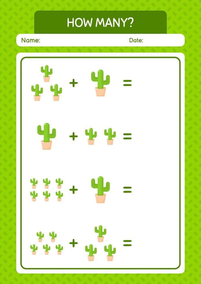 How many counting game with cactus. worksheet for preschool kids, kids activity sheet vector