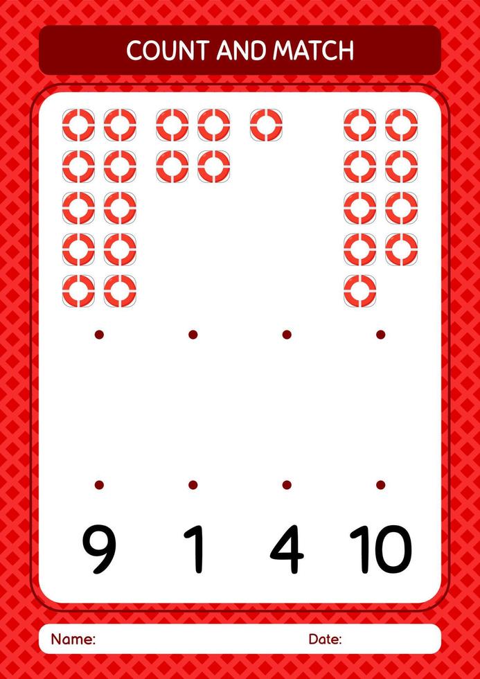 Count and match game with life buoy. worksheet for preschool kids, kids activity sheet vector