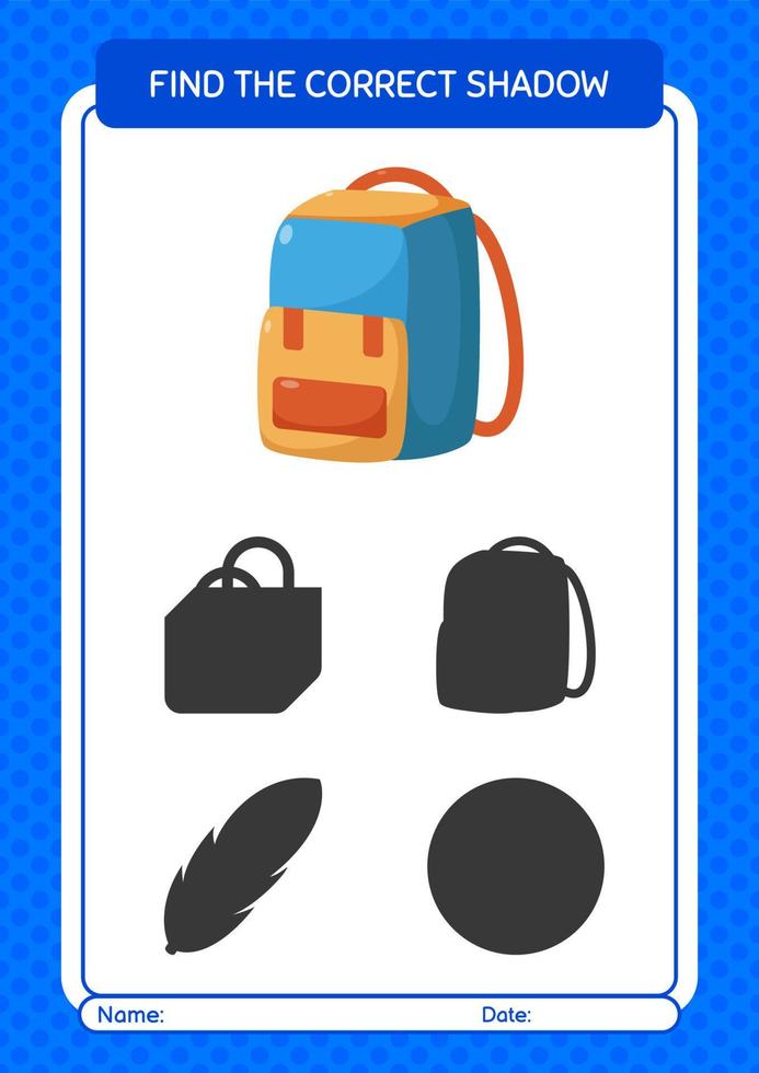 Find the correct shadows game with backpack. worksheet for preschool kids, kids activity sheet vector