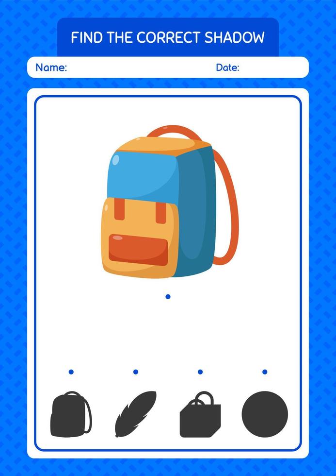 Find the correct shadows game with backpack. worksheet for preschool kids, kids activity sheet vector