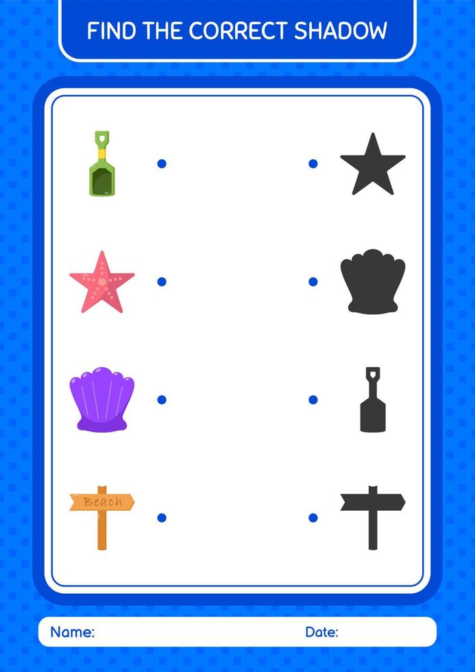 Find the correct shadows game with summer icon. worksheet for preschool kids, kids activity sheet vector