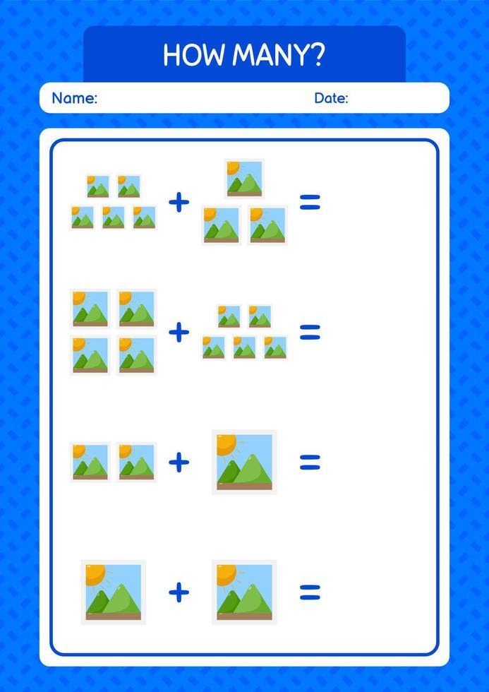 How many counting game with photograph. worksheet for preschool kids, kids activity sheet vector